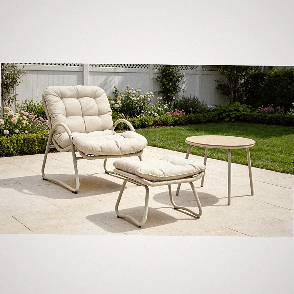 3-Piece Off-White Woven Rope Patio ,Lounge chair with ottoman and small table