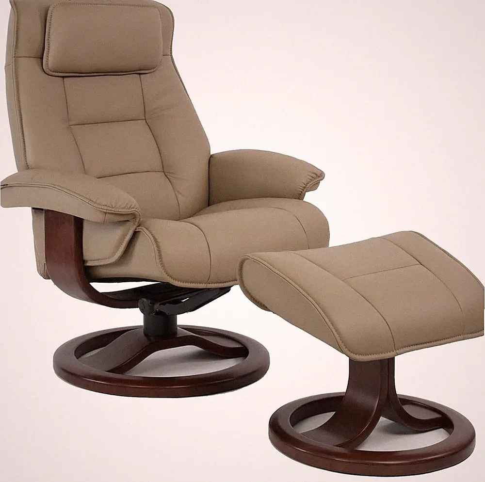 Fjords Mustang Small Recliner Comfort Chair Stone Leather Espresso Wood Stain