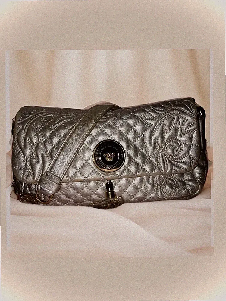 Versace Metallic Silver Barocco Leather Vanitas Medea Shoulder Bag.